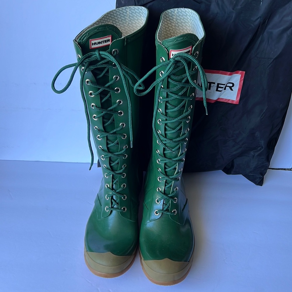 Hunter green knee high lace up rain boots Size 11